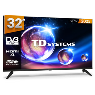 Televisor 32 Pulgadas HD No Smart TV, USB Grabador reproductor, Sintonizador digital DVB-T2/C - TD Systems PRIME32M20H