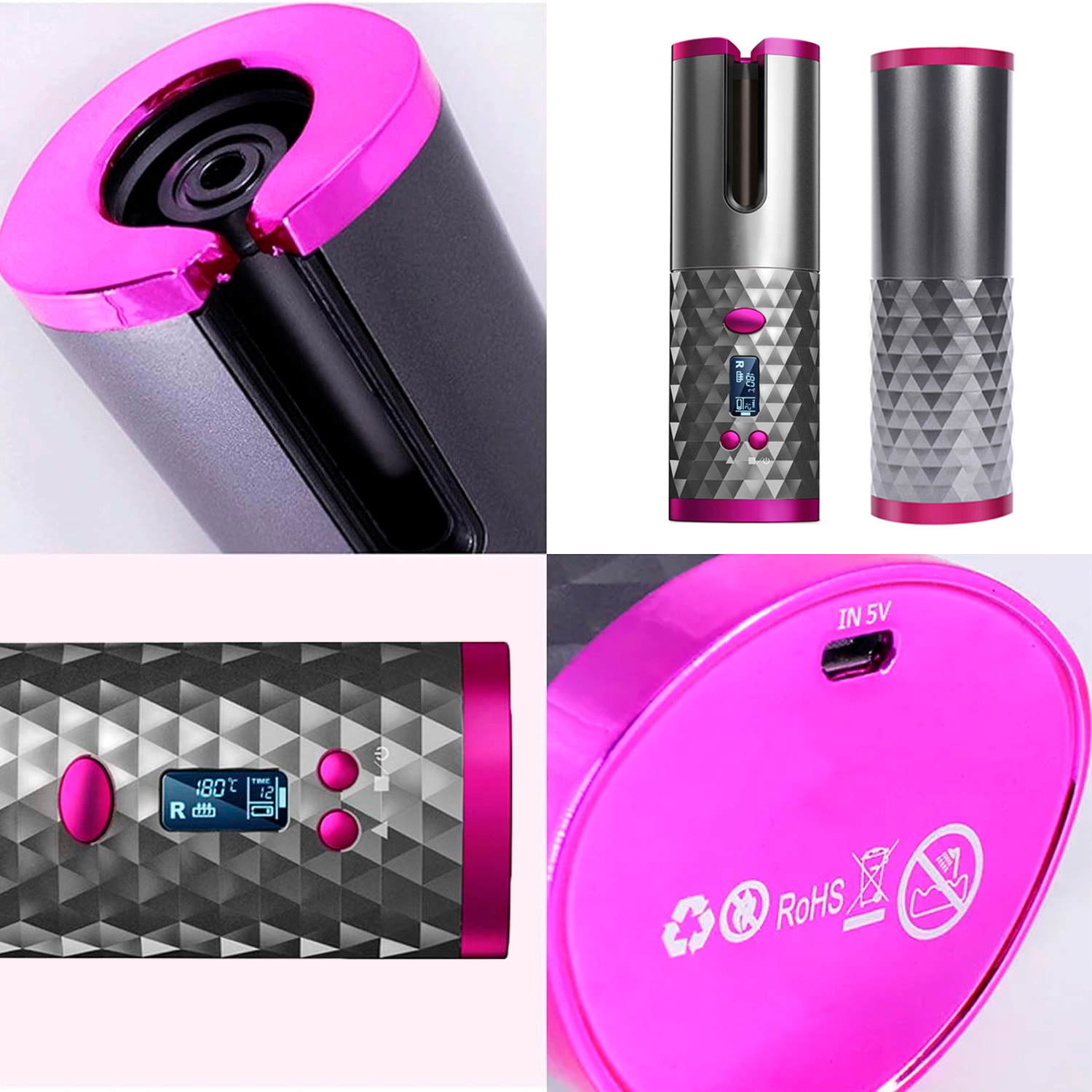 Rizador de pelo portátil con giro automático, temperatura ajustable y 6 ajustes de temporización.