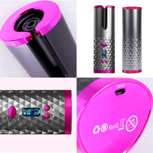 Rizador de pelo portátil con giro automático, temperatura ajustable y 6 ajustes de temporización.