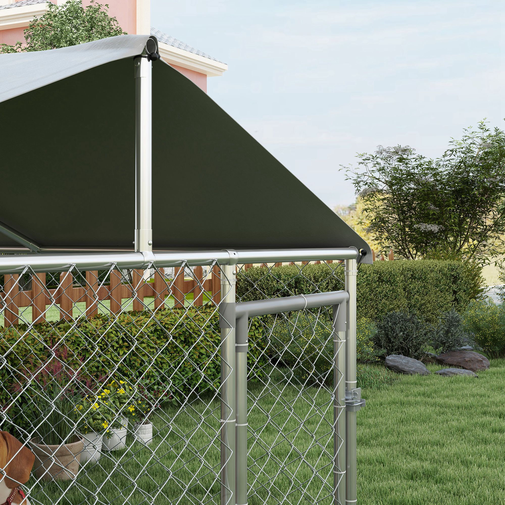 Perrera Jaula de Exterior para Perros Medianos Parque para Perros con Cerradura Marco de Acero Toldo Impermeable y Anti-UV 200x200x150 cm Plata