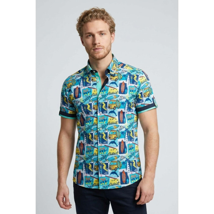 Camicia Uomo Manica Corta 2 Bottoni Button Down 7 Botto Popeline Stretch Stampato Bianco e Turchese