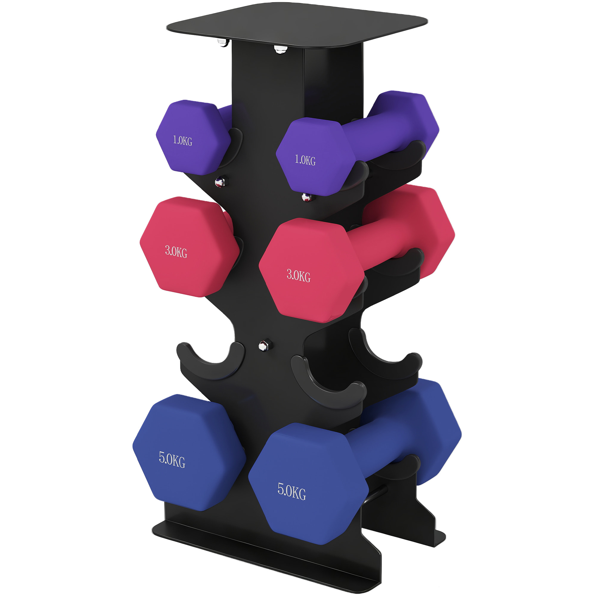 Support noir pour 6 haltères vinyles - 6 haltères incluses total 18 Kg - noir rose bleu violet