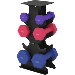 Support noir pour 6 haltères vinyles - 6 haltères incluses total 18 Kg - noir rose bleu violet