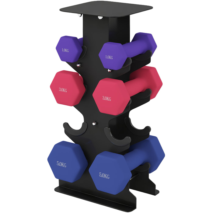 Support noir pour 6 haltères vinyles - 6 haltères incluses total 18 Kg - noir rose bleu violet