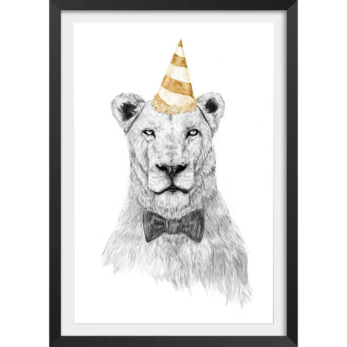 Affiche enfant lionne en fête  Affiche + cadre en bois - Noir