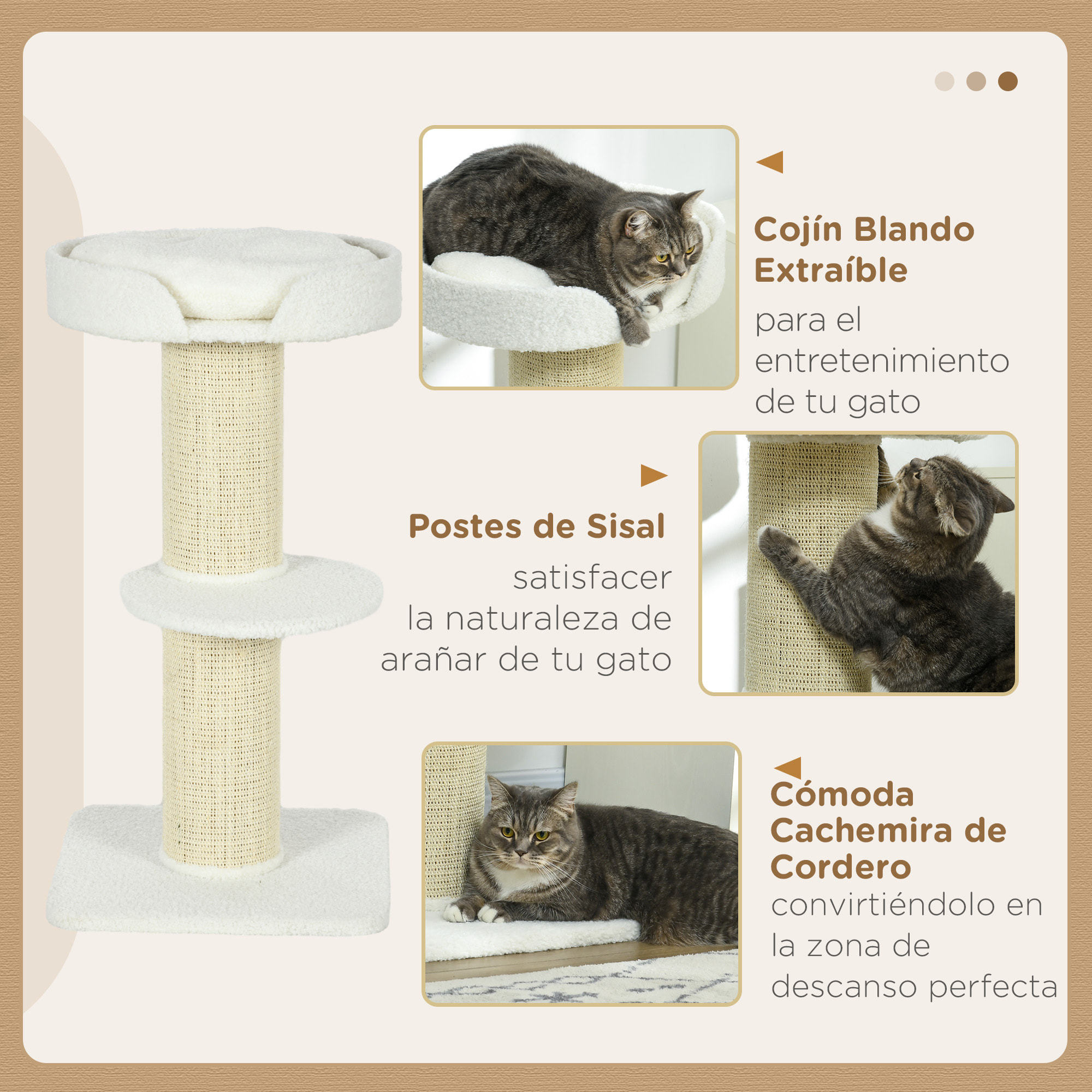 Árbol Rascador para Gatos Altura 91 cm Árbol para Gatos Torre para Gatos de 3 Niveles con Nido Plataforma y Poste de Sisal 45x45x91 cm Crema