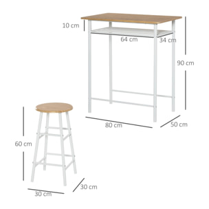 HOMCOM Juego de Mueble de Bar Set de Mesa Alta y 2 Taburetes con Estante de Almacenamiento y Marco de Metal para Cocina Comedor 80x50x90 cm Blanco y Natural