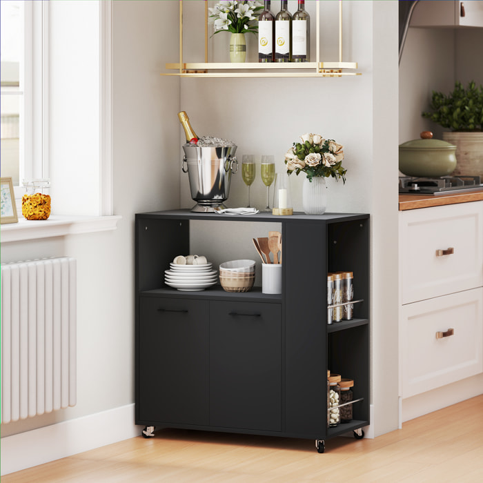 Desserte de cuisine multi-rangement 2 portes, étagère, niche, plateau, 2 porte-épices noir