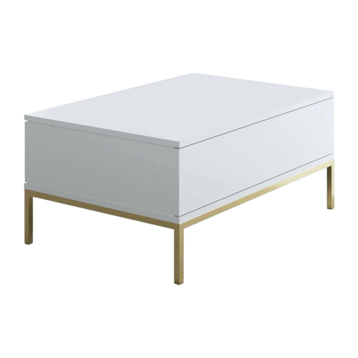 Tavolino da salotto Vespero, Tavolo basso da caffè, Portariviste per divano, Ripiano da soggiorno, 90x60h40 cm, Bianco e Oro