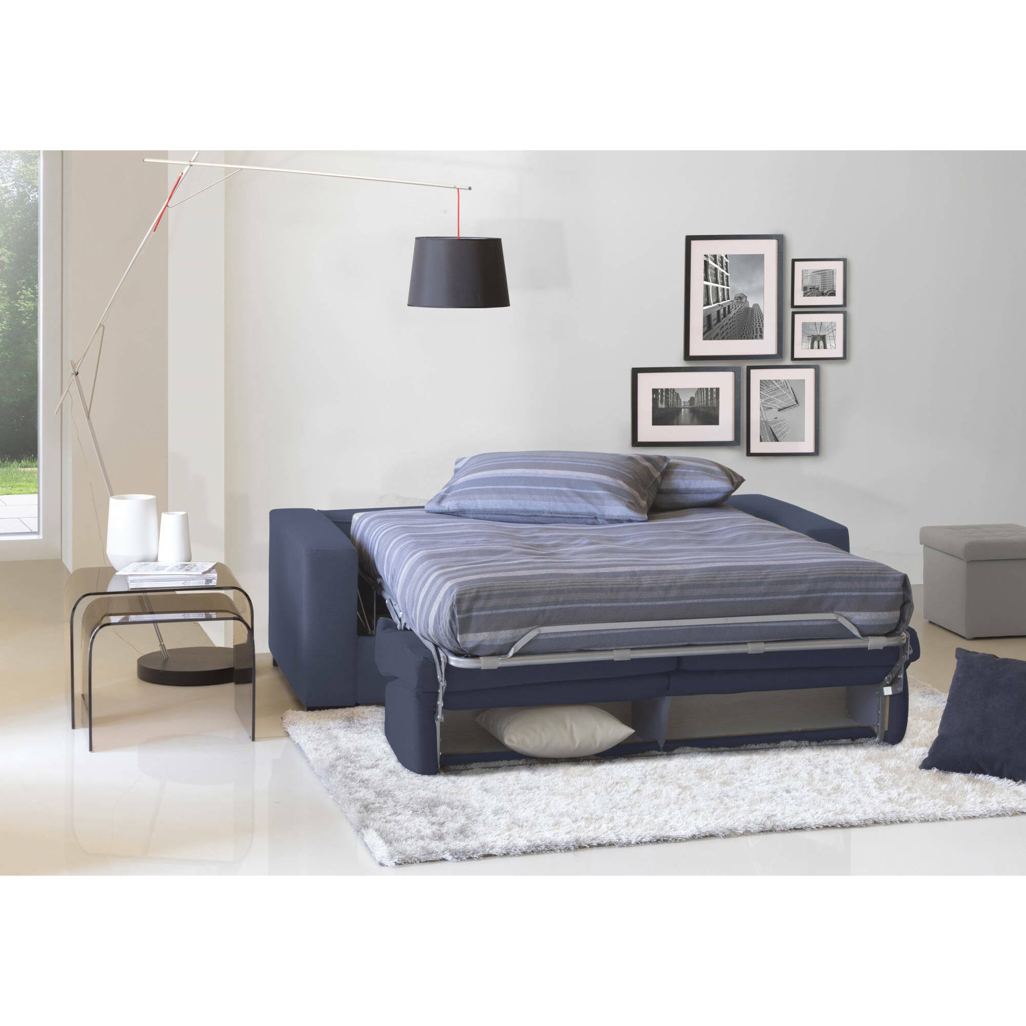 Divano Letto Aleida, Divano a 2 posti, 100% Made in Italy, Sofà Soggiorno con apertura girevole, in tessuto imbottito, con Braccioli standard, Cm 180x95h90, Blu