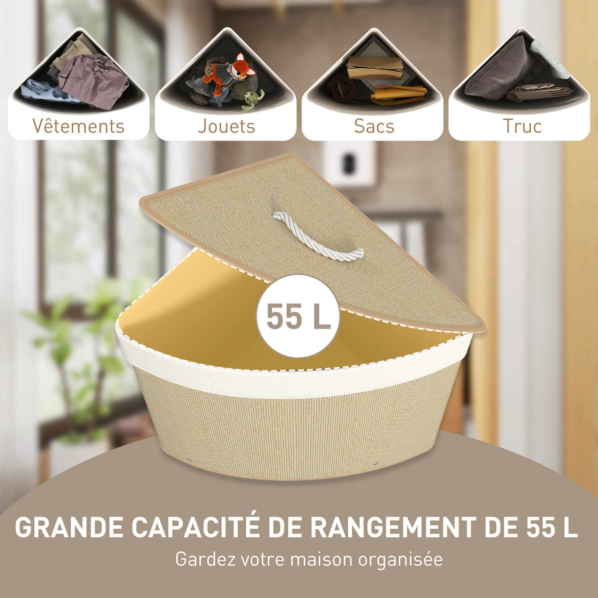 Panier à linge d'angle bambou 55L déhoussable lavable beige