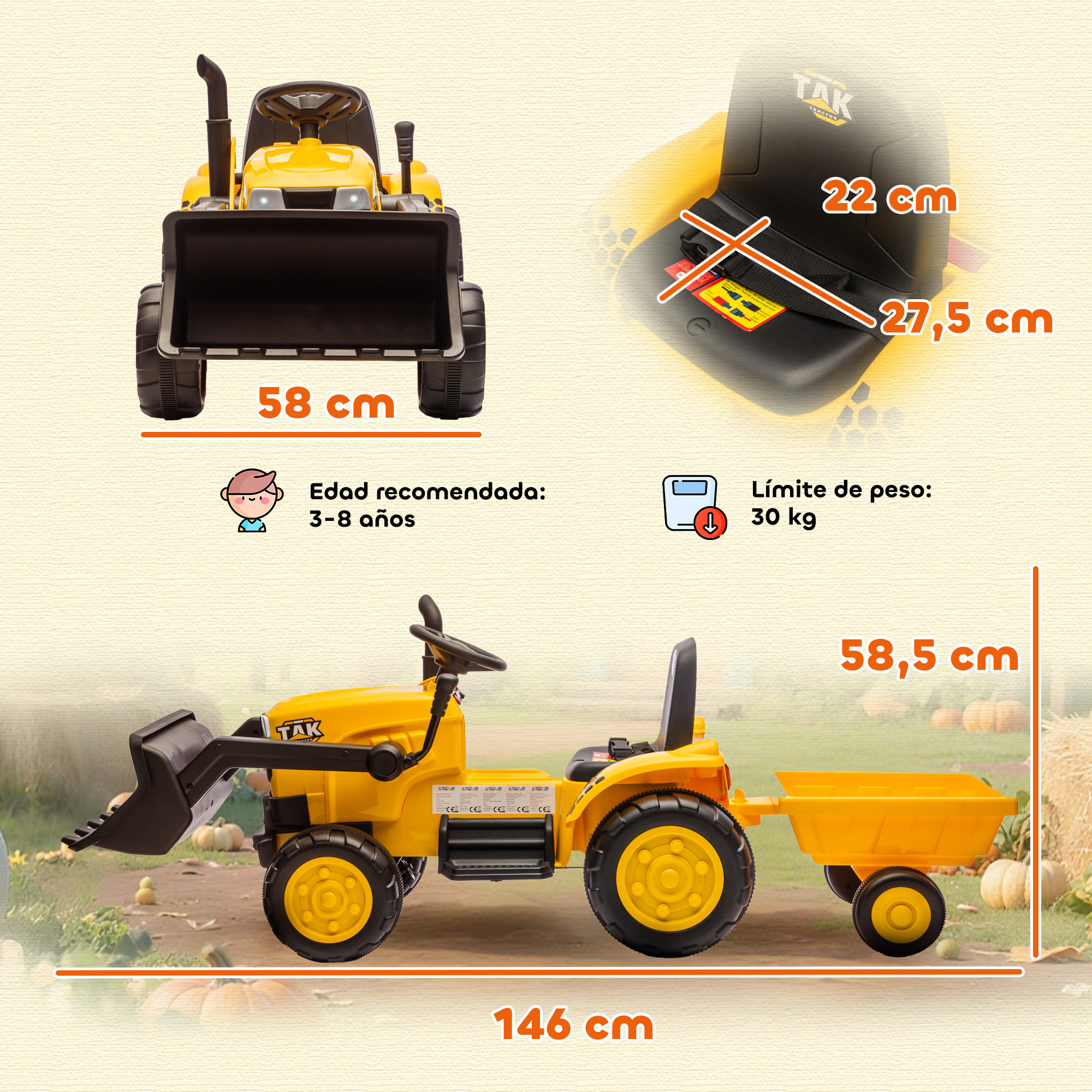 Tractor Eléctrico para Niños con Remolque Desmontable y Pala, Tractor de Juguete de Batería 12V, Motor Doble, Control Remoto 2,4G, Luces, Música, Conexión Inalámbrica, USB para Niños +3 Años