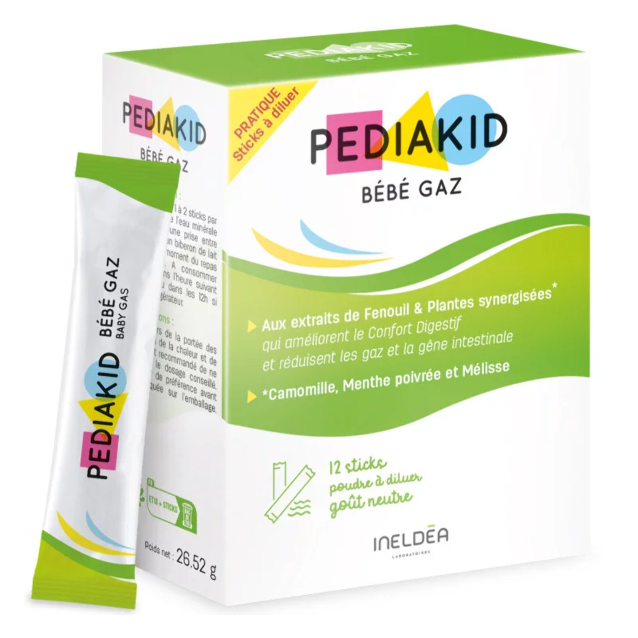 PEDIAKID - Bébé Gaz Sticks - Aux extraits de plantes & fibres - Facile à Utiliser - Étui de 12 sticks de Poudre à Diluer