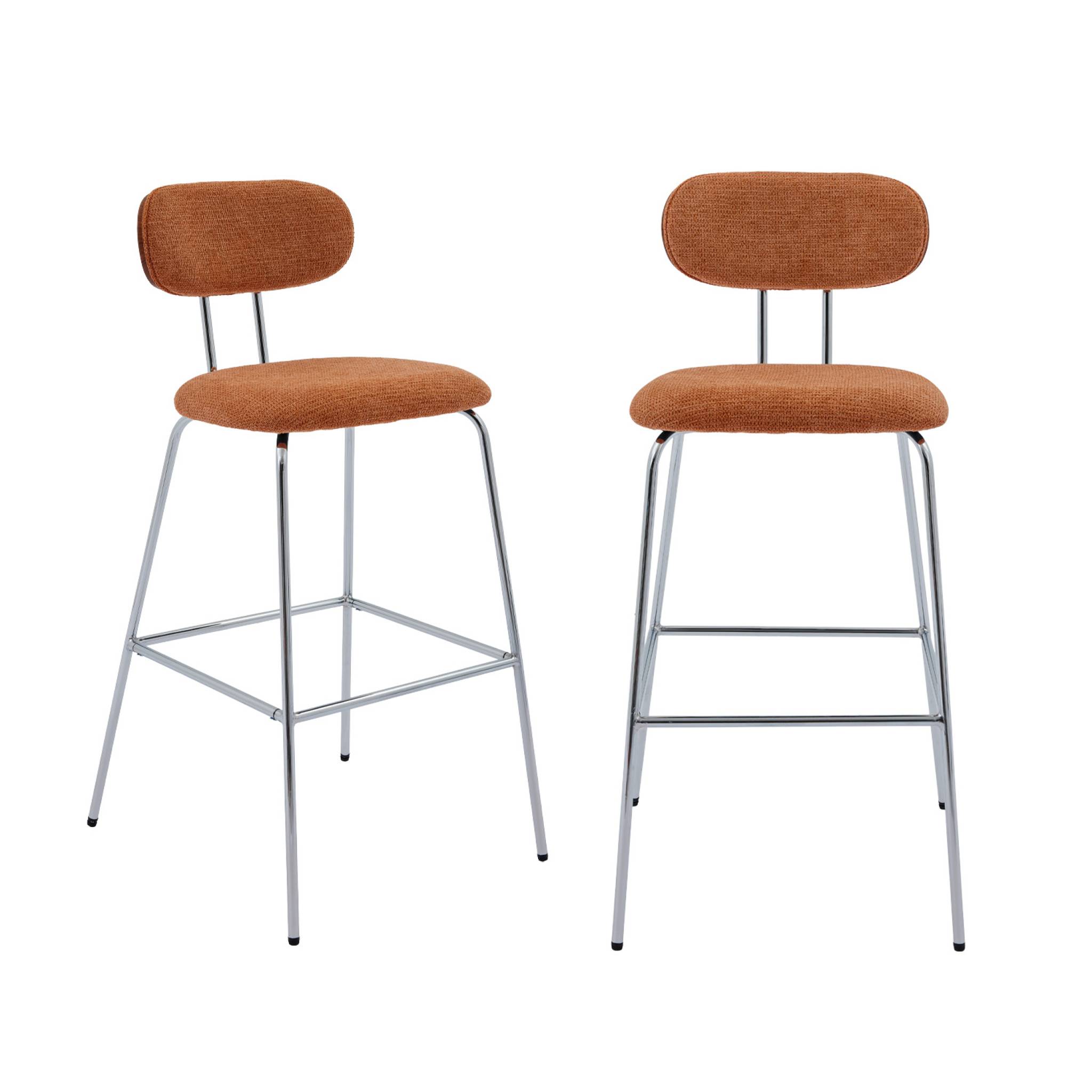 2 tabourets de bar décor bois courbé teinté noyer et tissu déperlant terracotta. pieds métal chromé - L 44 x P 51 x H 103cm - Erin