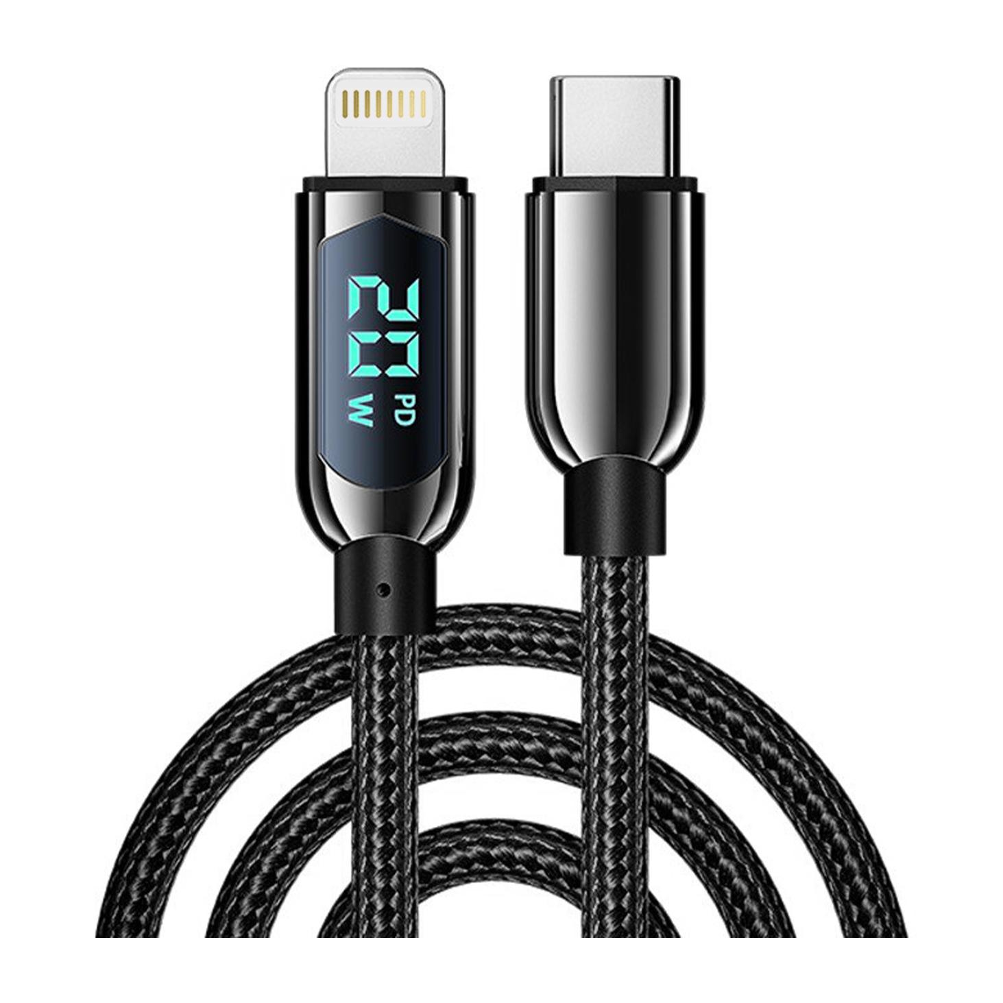 Cable USB-C 2.0 a Lightning de 20W, carga rápida, pantalla digital, 1,2 metros. Aleación de Zinc.