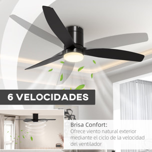 Ventilador de Techo con Luz LED 46W Ventilador de Techo Silencioso Ø132 cm con 3 Aspas Reversibles Control Remoto 6 Velocidades para Dormitorio Sala de Estar Efecto 10~15 m² Negro