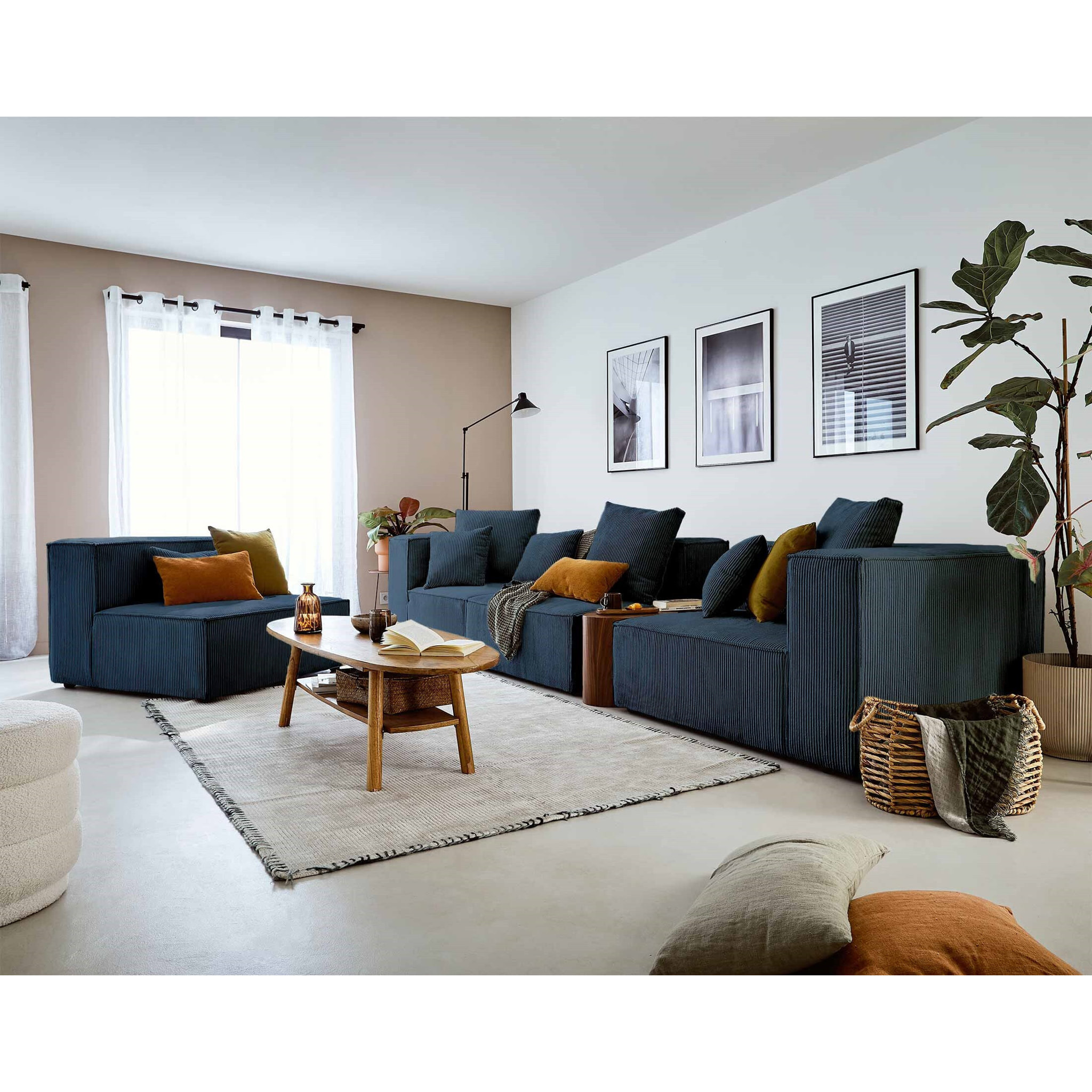 Colombine - canapé modulable d'angle gauche - 6 places - en velours côtelé - Bleu nuit