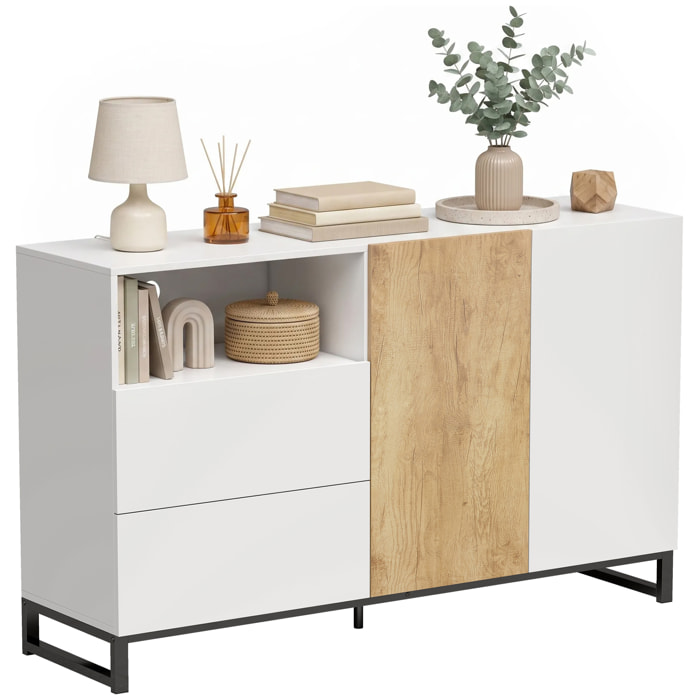 Aparador de 2 Puertas, Aparador de Salón Estrecho con 2 Cajones, Compartimento Abierto, Armario de Cocina con Estante Ajustable, para Entrada, Dormitorio, 140x40x85 cm, Blanco y Roble