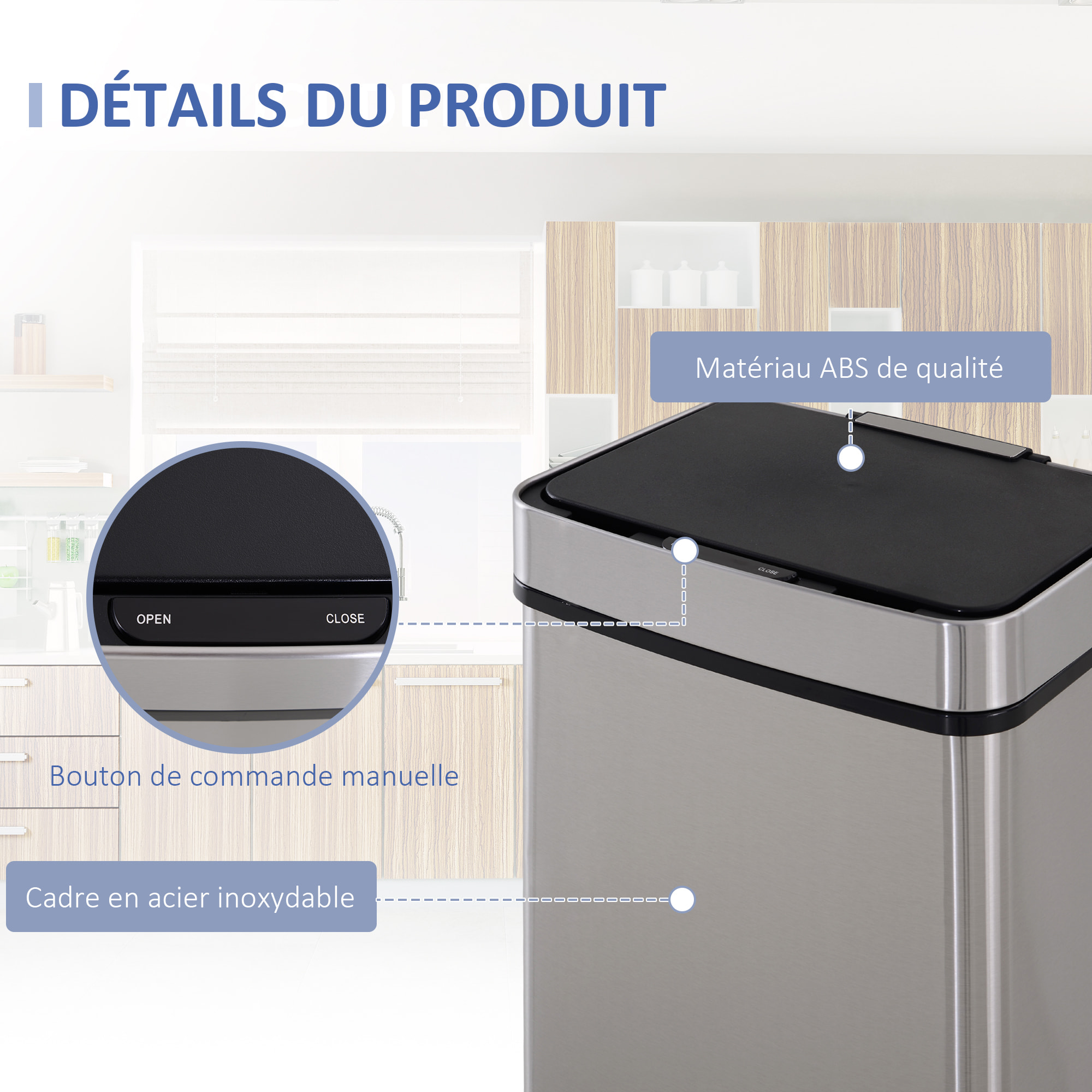 Poubelle automatique détecteur de mouvement poubelle tri selectif 3 bacs capacité totale 72L acier inox. brossé