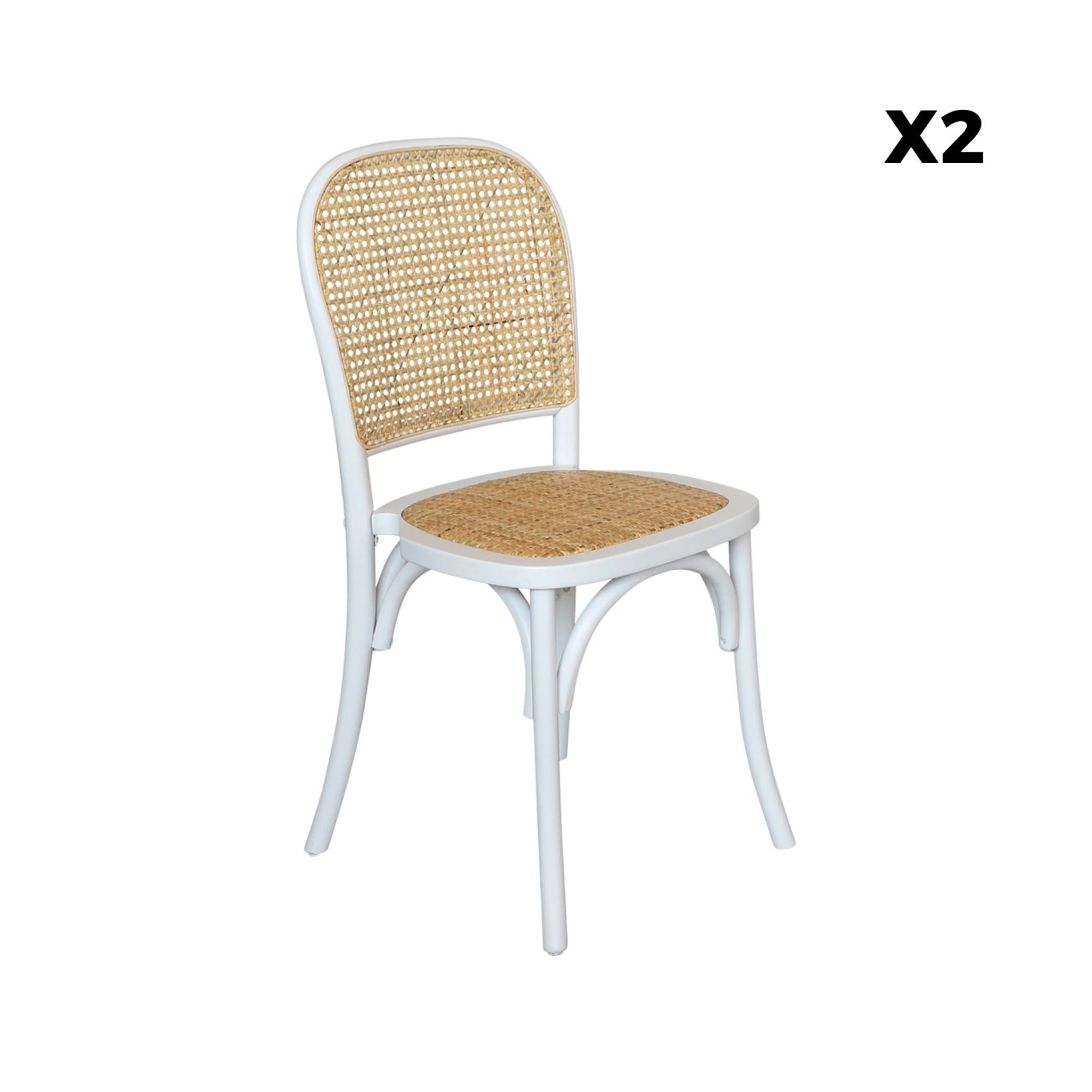 Lot de deux chaises vintage blanches en bois avec assise et dossier en rotin
