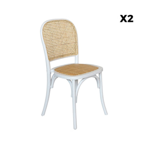 Lot de deux chaises vintage blanches en bois avec assise et dossier en rotin