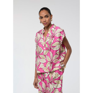T-shirt crociera rosa a fiori a maniche corte