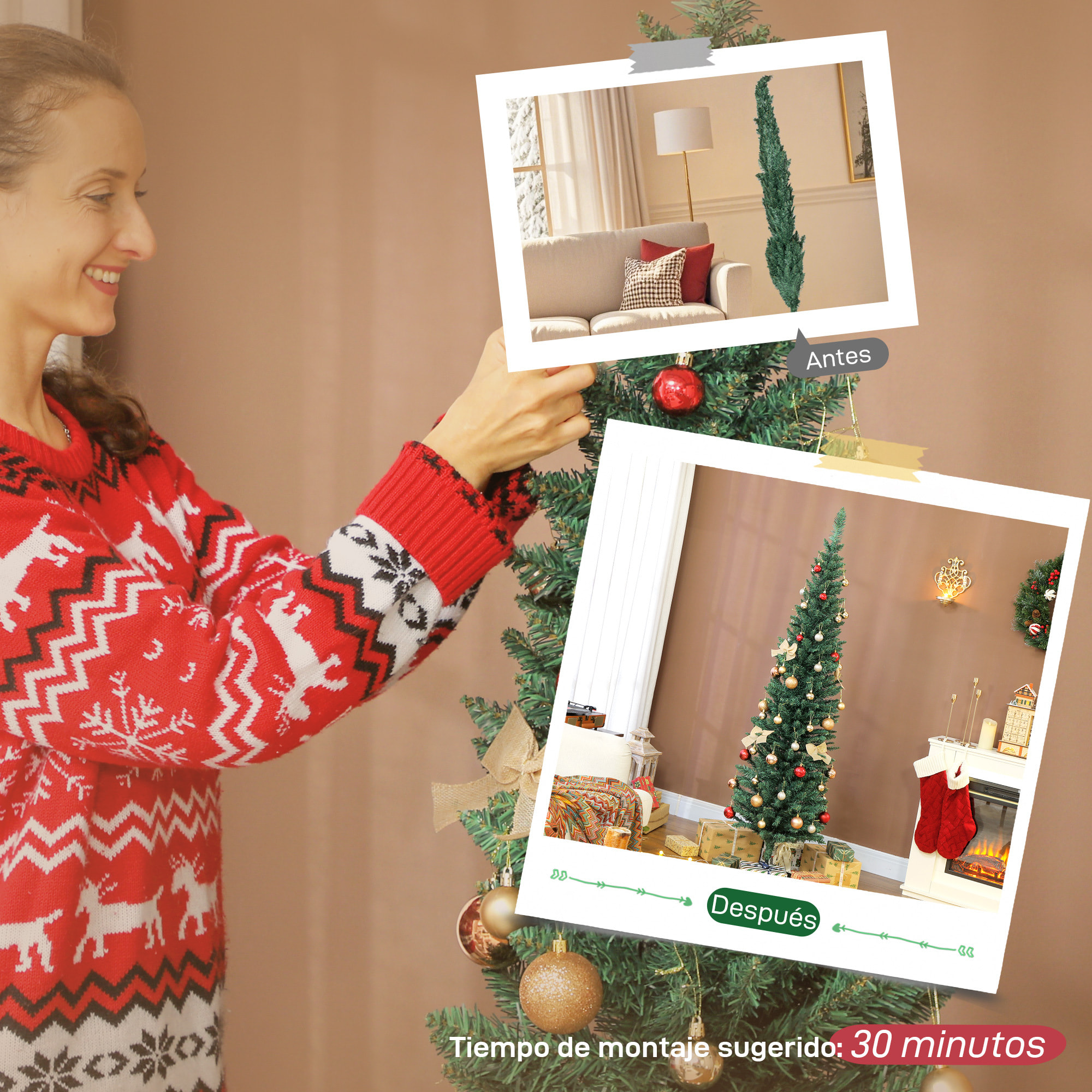 Árbol de Navidad Estrecho 180 cm, Árbol de Navidad Artificial con 321 Ramas, Soporte Metálico, Fácil de Montar, Decoración para Interior, Hogar, Oficina, Verde