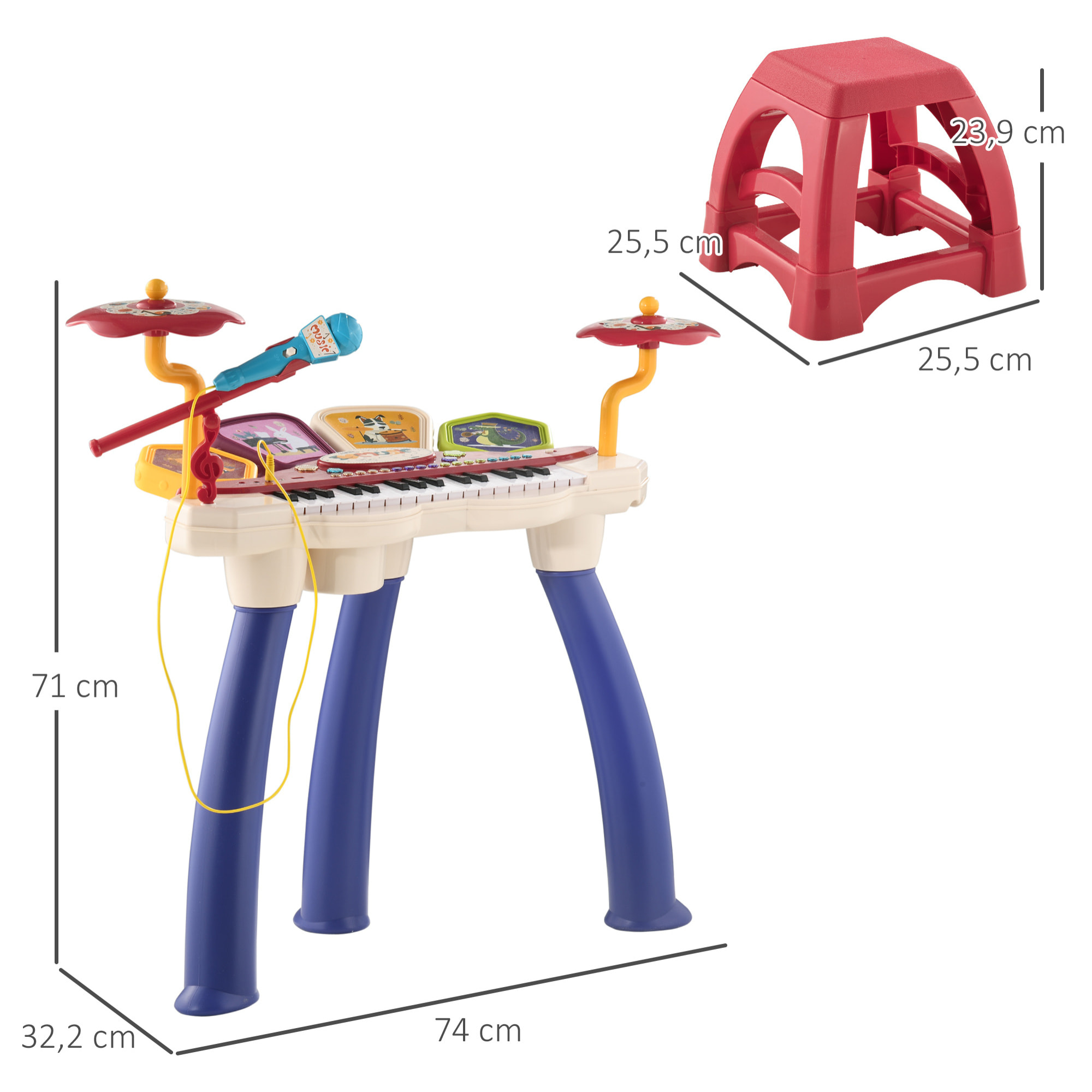 Piano Electrónico Infantil de 32 Teclas Juego de Piano 2 en 1 con Batería Micrófono Taburete Luces 19 Canciones 4 Sonidos y Volumen Ajustable 74x32,2x71 cm Multicolor