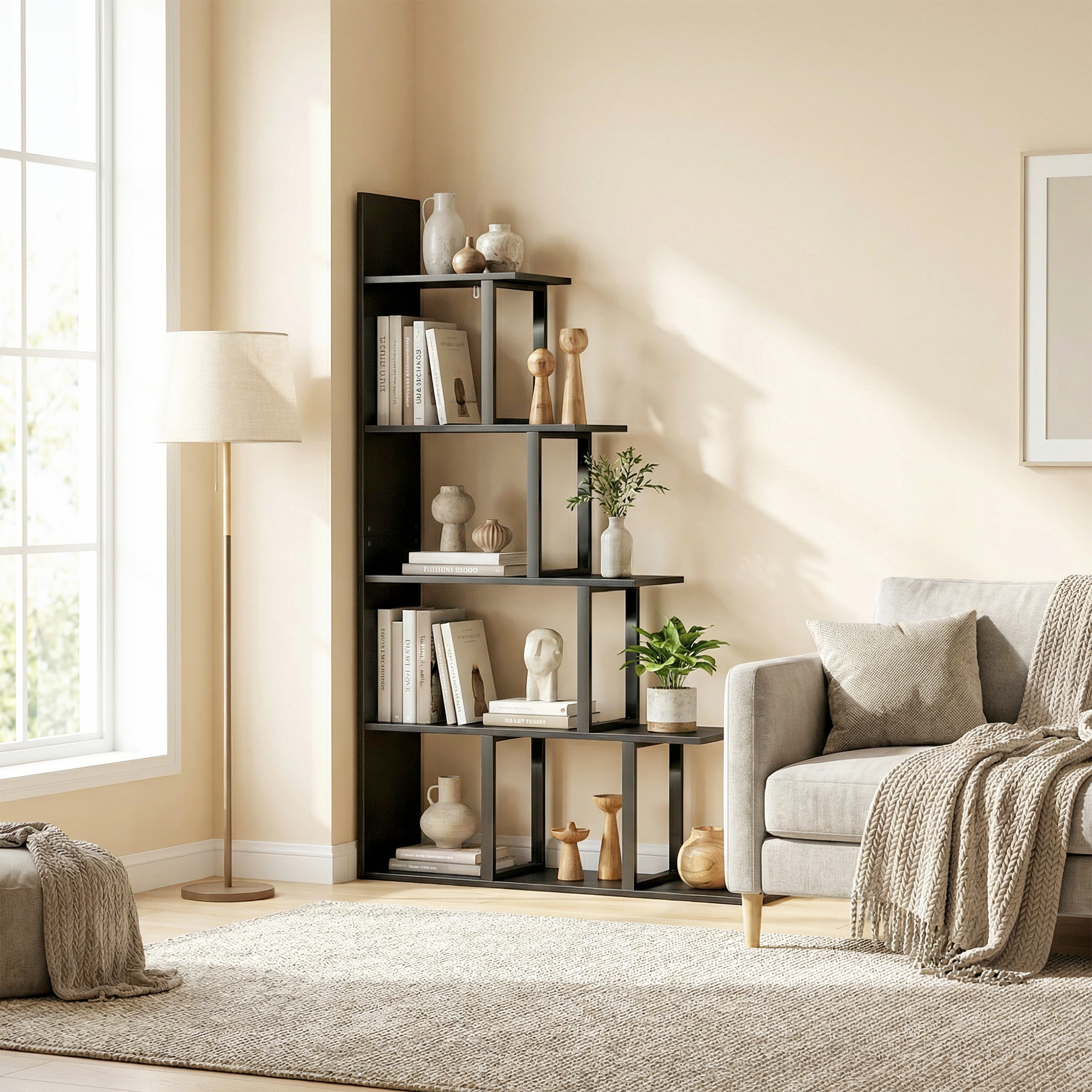 Étagère bibliothèque séparateur de pièce style industriel en escalier 5 étagères effet bois noir