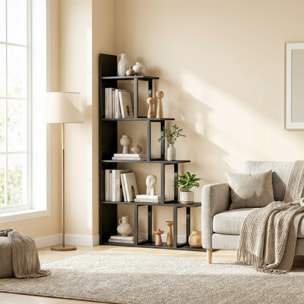 Étagère bibliothèque séparateur de pièce style industriel en escalier 5 étagères effet bois noir