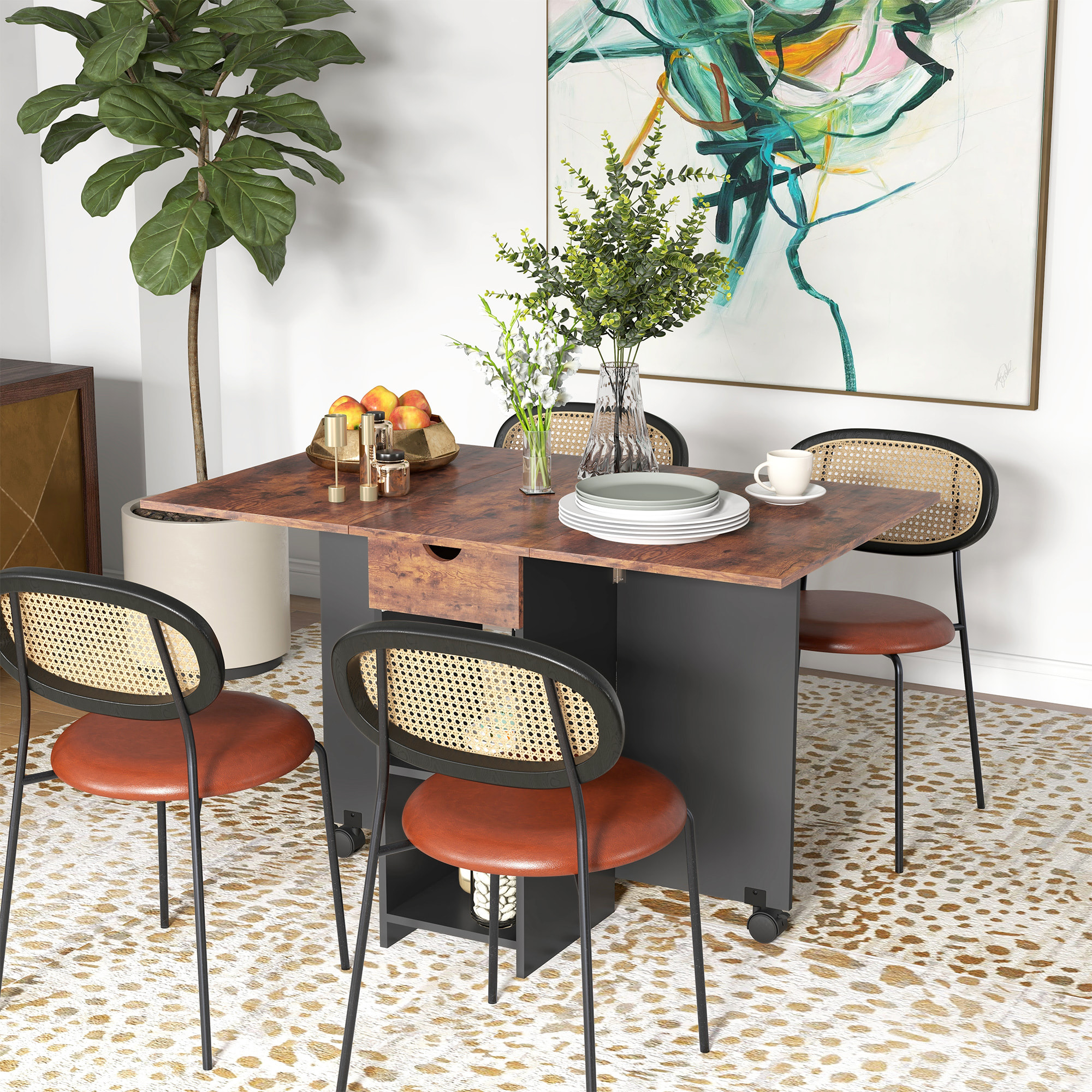 Mesa Plegable de Comedor Mesa de Cocina Plegable con Ruedas Alas Abatibles Cajón y Estantes para 2-4 Personas 120x72x75 cm Marrón Rústico y Negro