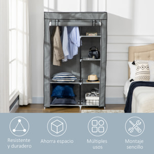 HOMCOM Armario de Tela Plegable Armario de Ropa Organizador Ropero Portátil con 6 Estantes y 1 Barra para Colgar para Dormitorio Vestidor 103x43x162,5 cm Gris