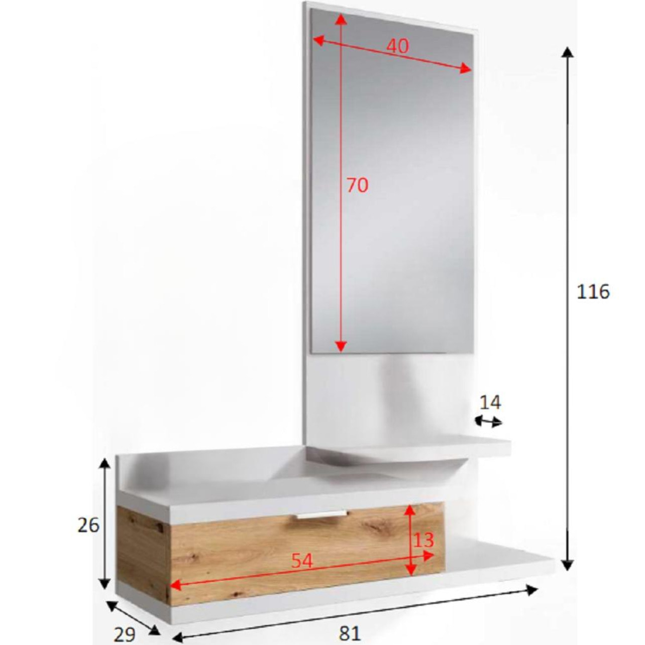 Mobile da ingresso Tijuana, Entratina con specchio e cassetto, Svuotatasche per atrio di piccoli appartamenti, 81x29h116 cm, Bianco e Rovere nodi