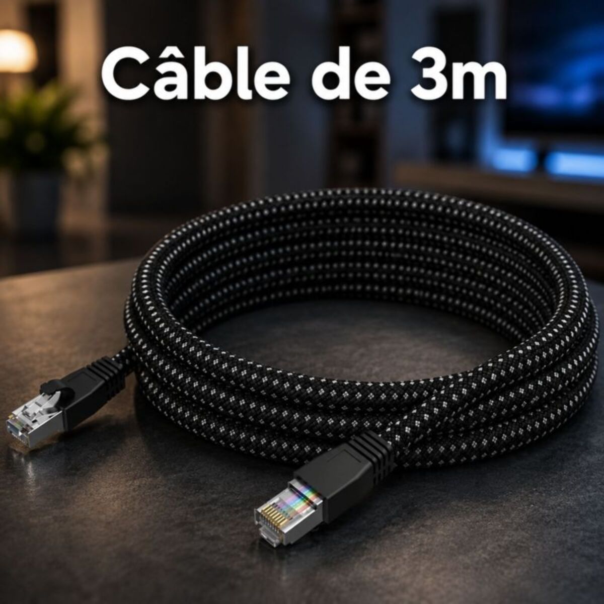 Câble Ethernet ADEQWAT RJ45 3M Droit CAT8 noir