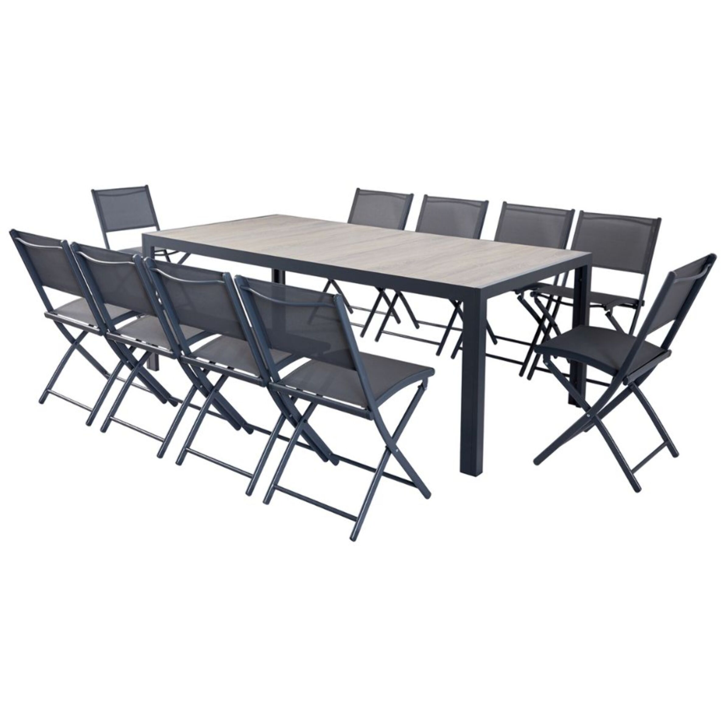 Ensemble table aluminium effet bois et 10 chaises NAIROBI