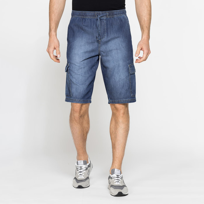 BERMUDA DI JEANS CON TASCONI LATERALI ED ELASTICO IN VITA