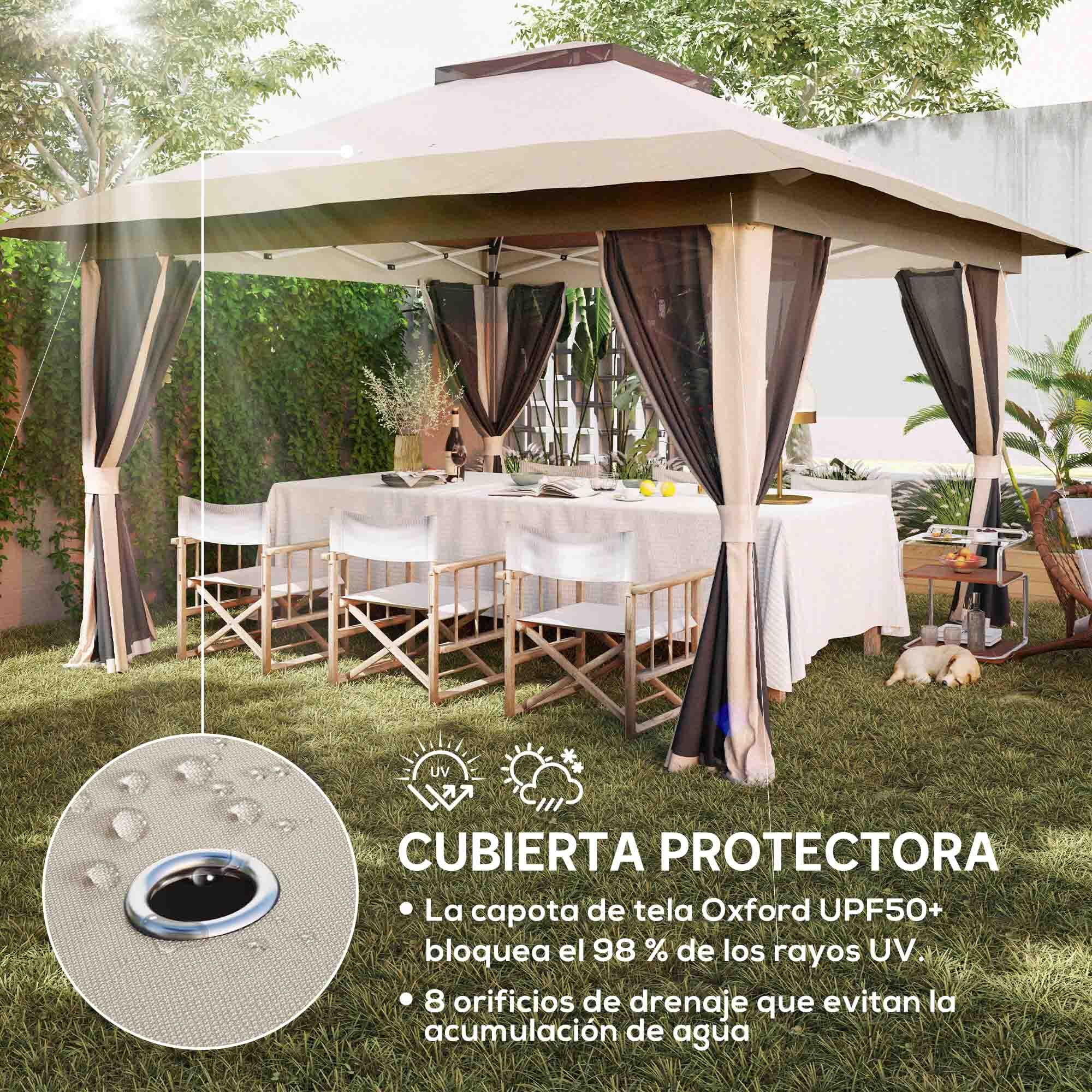 Carpa Plegable Gazebo, 3,6x3,6 m, Cenador Plegable con 4 Paredes Laterales de Malla, Anti-UV, Altura Ajustable, Bolsa de Arena y Bolsa de Transporte, para Camping, Fiestas, Beige