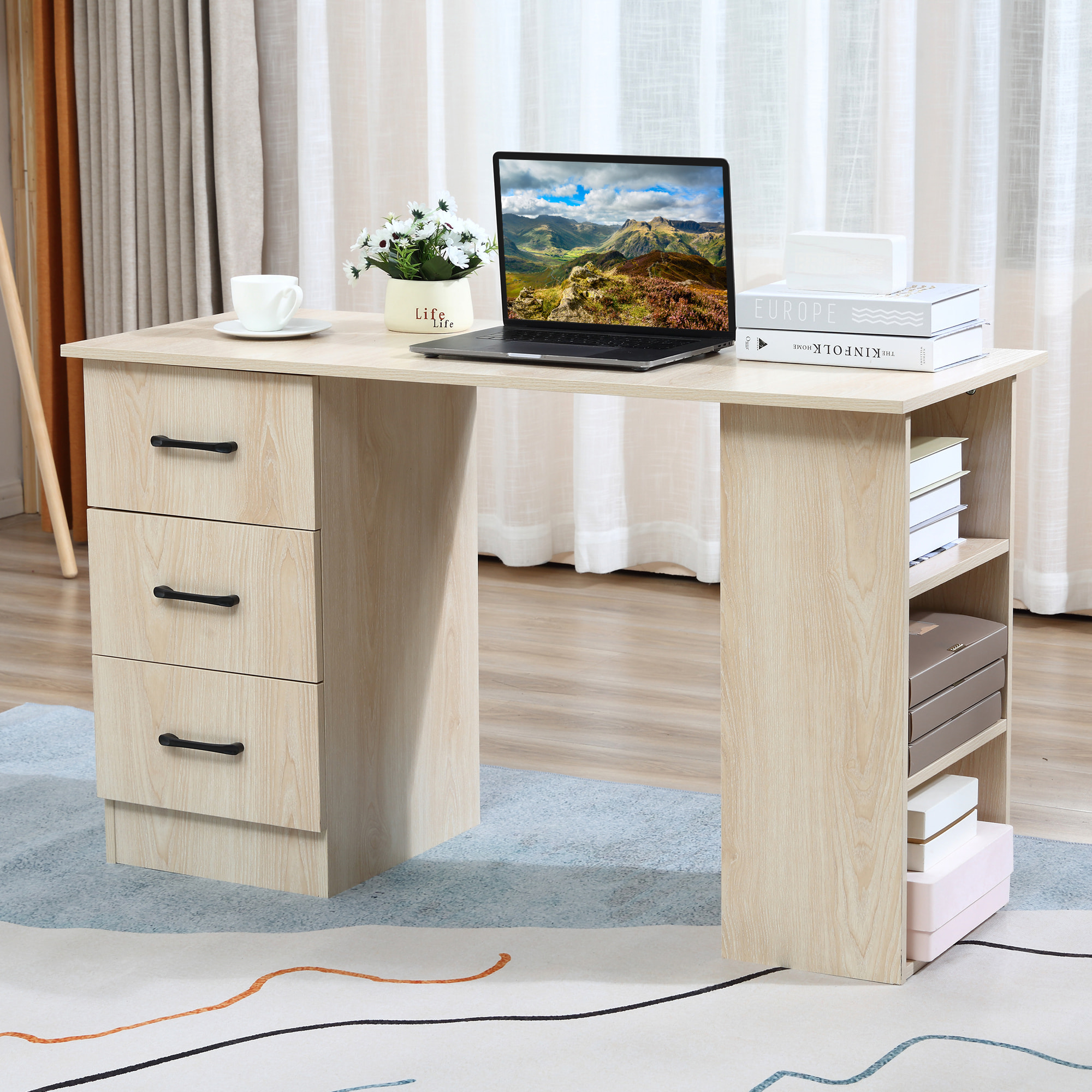 Bureau informatique table multi-fonctions 3 tiroirs 2 étagères dim. 120L x 49l x 72H cm MDF aspect bois
