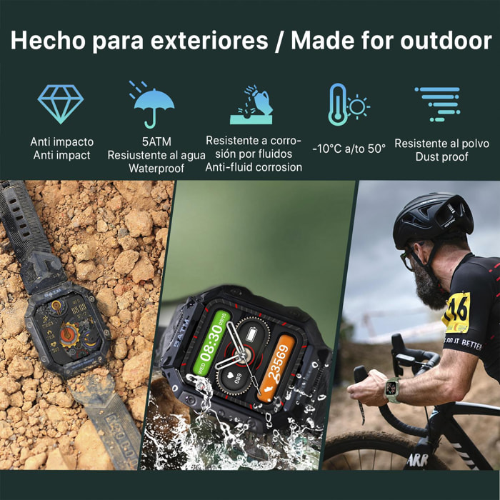 Smartwatch PG333 special outdoor, 5 ATM sommergibile, resistente alla polvere e agli urti. Con cardiofrequenzimetro, pressione sanguigna e O2.