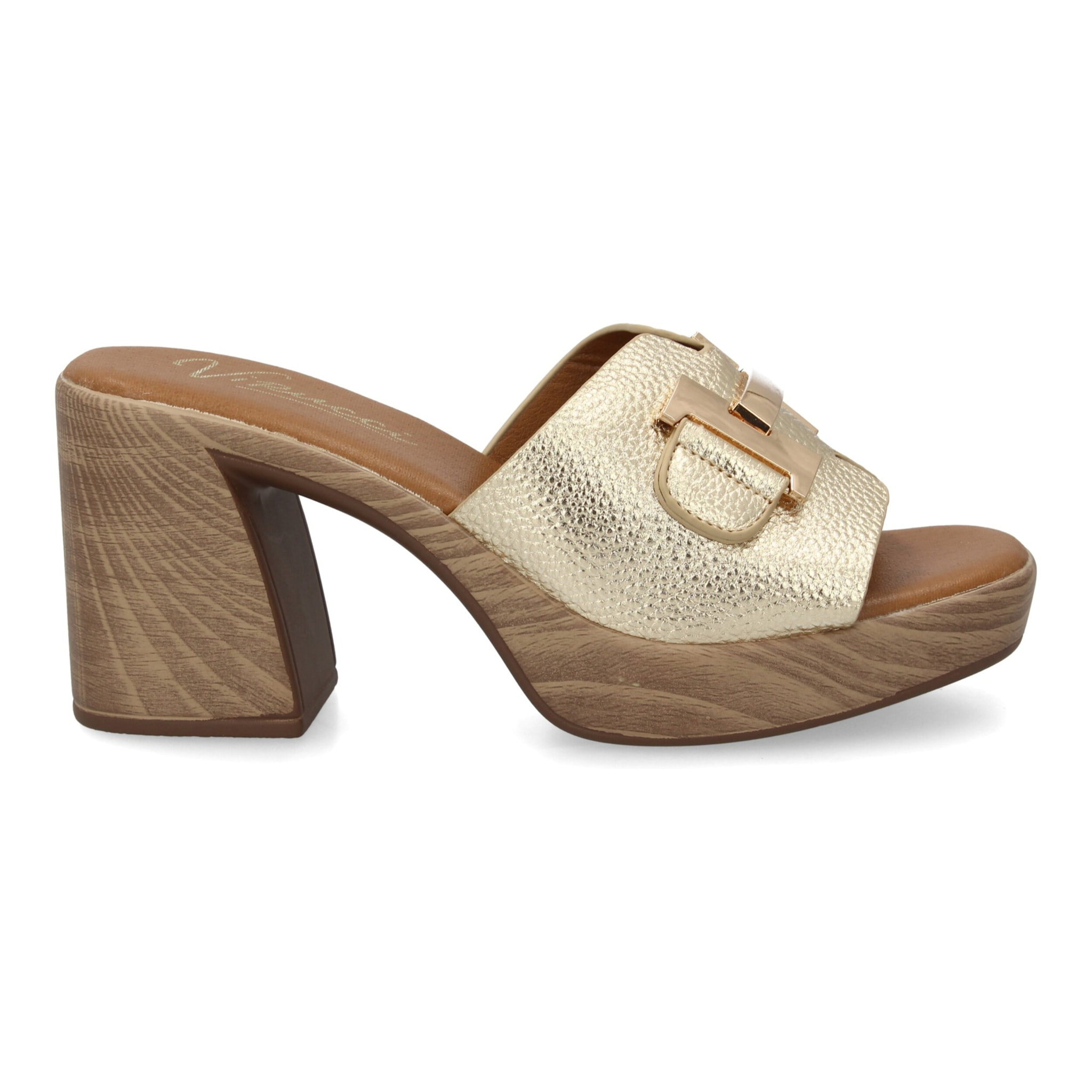 Sandalia tacón mujer con adorno metálico en la pala