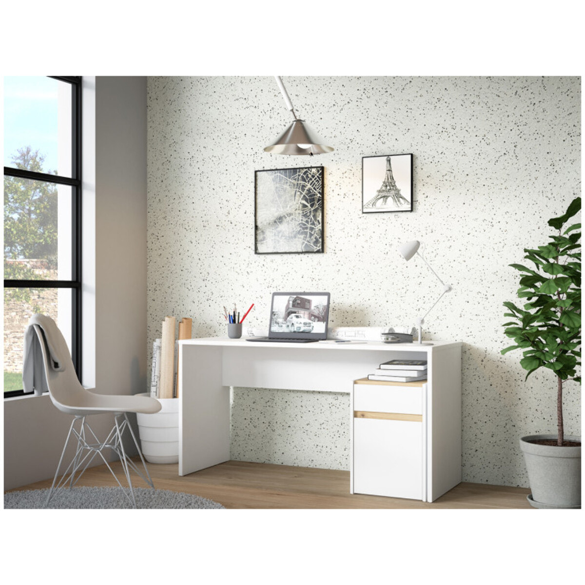 Bureau avec caisson amovible blanc mat et effet chêne - L140 CM - KIARA