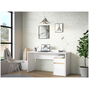 Bureau avec caisson amovible blanc mat et effet chêne - L140 CM - KIARA