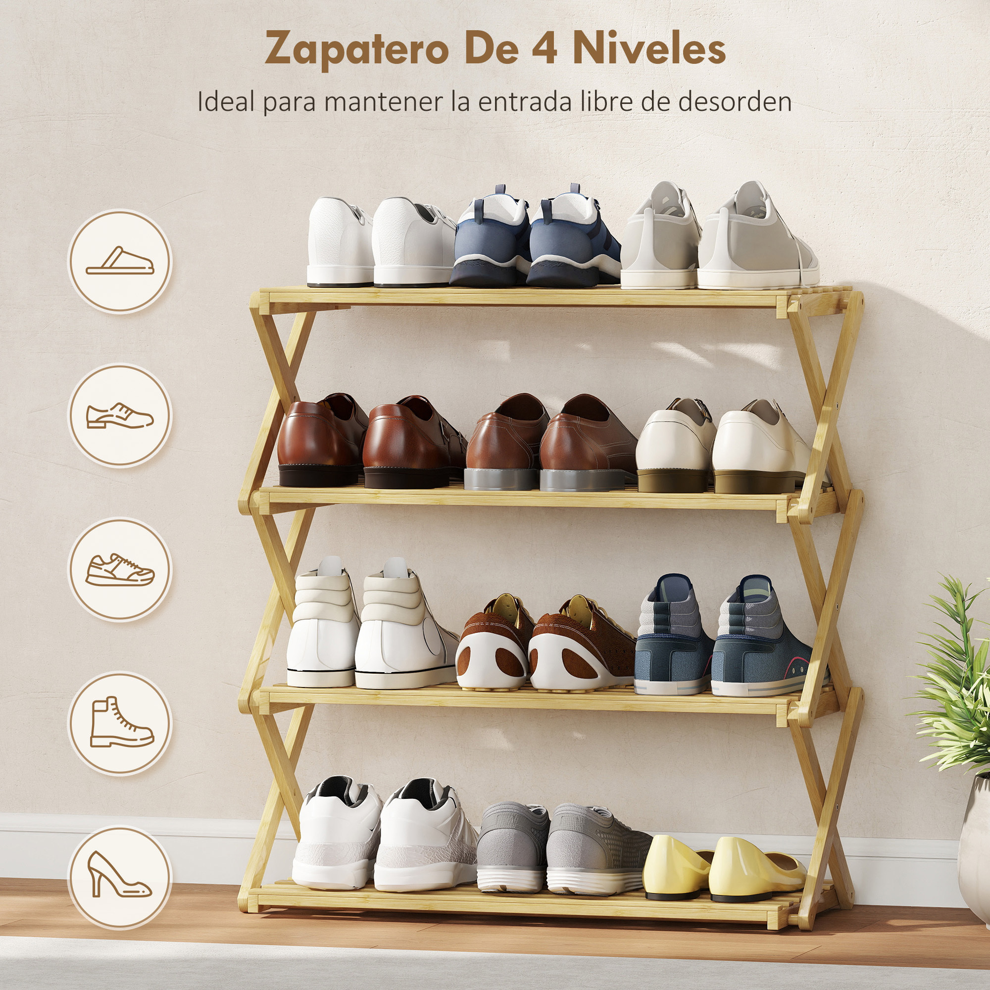 Zapatero Estrecho de Bambú, Zapatero Vertical Plegable de 4 Niveles, Sin Instalación, Estantería para Zapatos para Entrada, Pasillo, Dormitorio, Natural