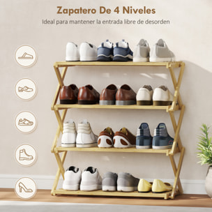 Zapatero Estrecho de Bambú, Zapatero Vertical Plegable de 4 Niveles, Sin Instalación, Estantería para Zapatos para Entrada, Pasillo, Dormitorio, Natural
