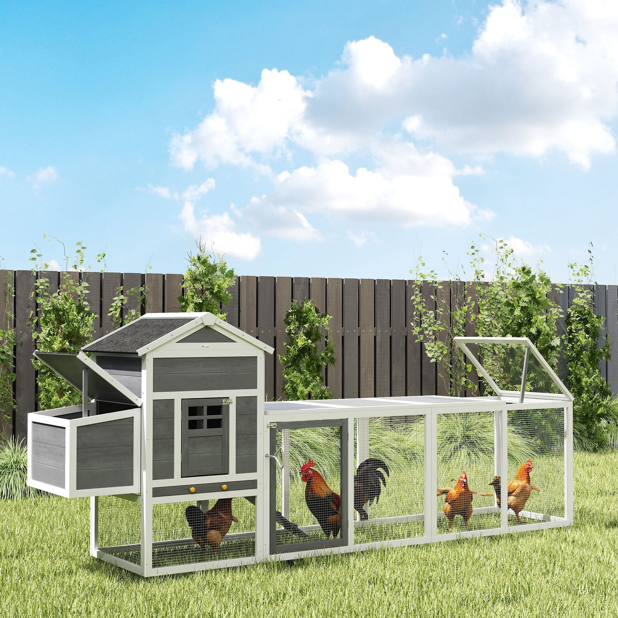 Gallinero para Exterior Gallinero de Madera Jaula Grande para 3-6 Gallinas con Ponedero Techo Asfáltico Bandeja Extraíble y Rampa 297,5x68x118 cm Gris y Blanco