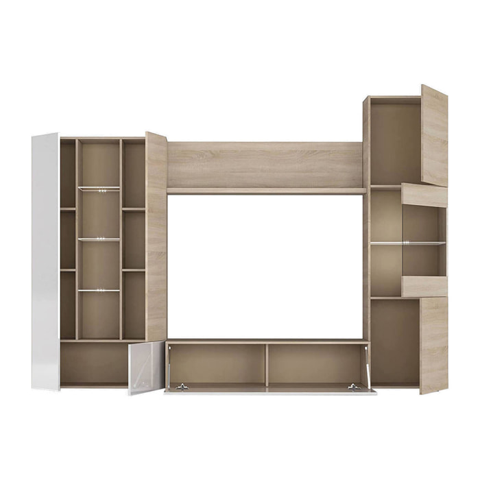Parete attrezzata Angioletto, Mobile da soggiorno porta TV modulare, Composizione salotto con pensili e vetrine e luce led, 260x42h185 cm, Rovere e Bianco