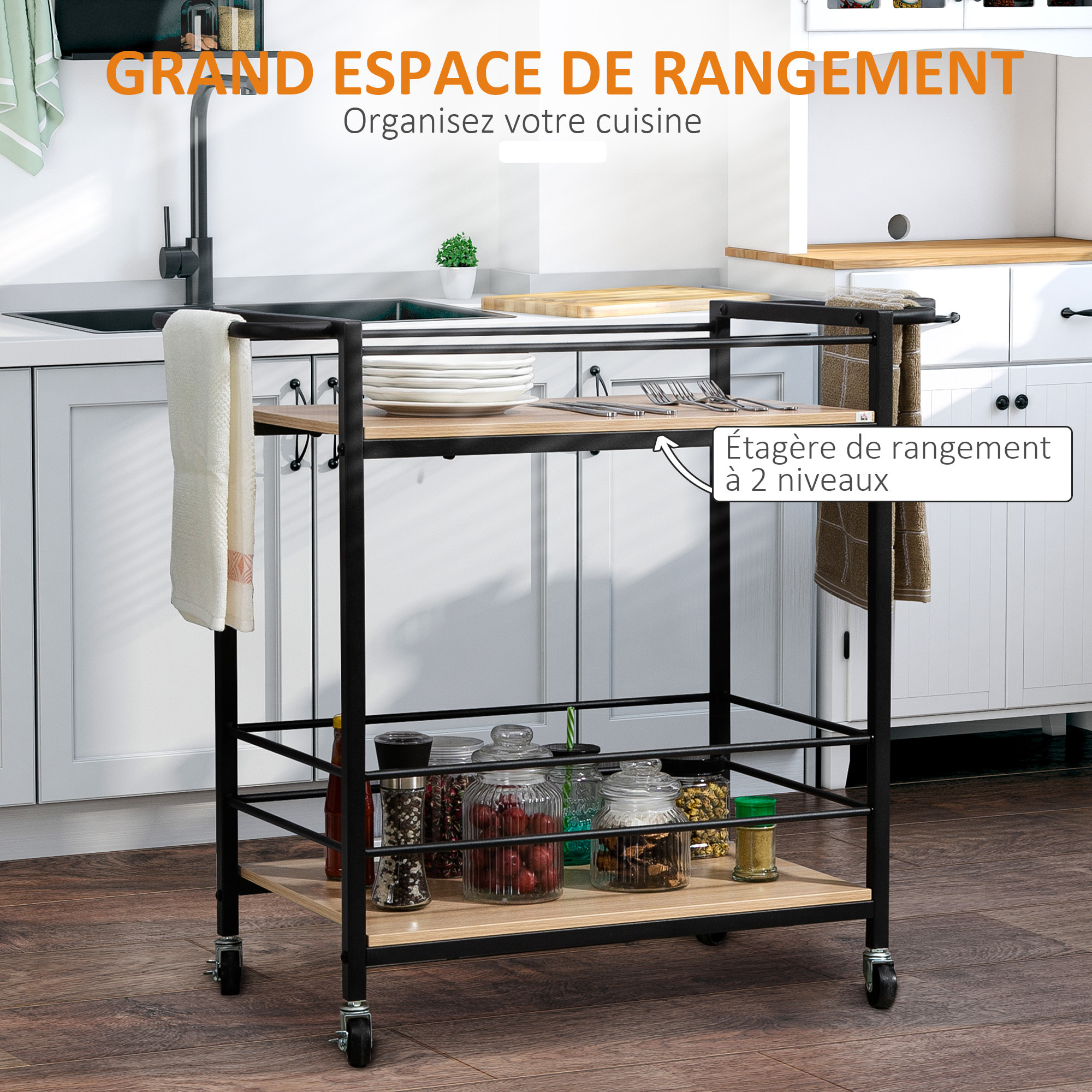 Desserte de cuisine design industriel - plateau, étagère - acier noir aspect bois clair