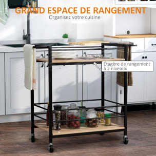 Desserte de cuisine design industriel - plateau, étagère - acier noir aspect bois clair