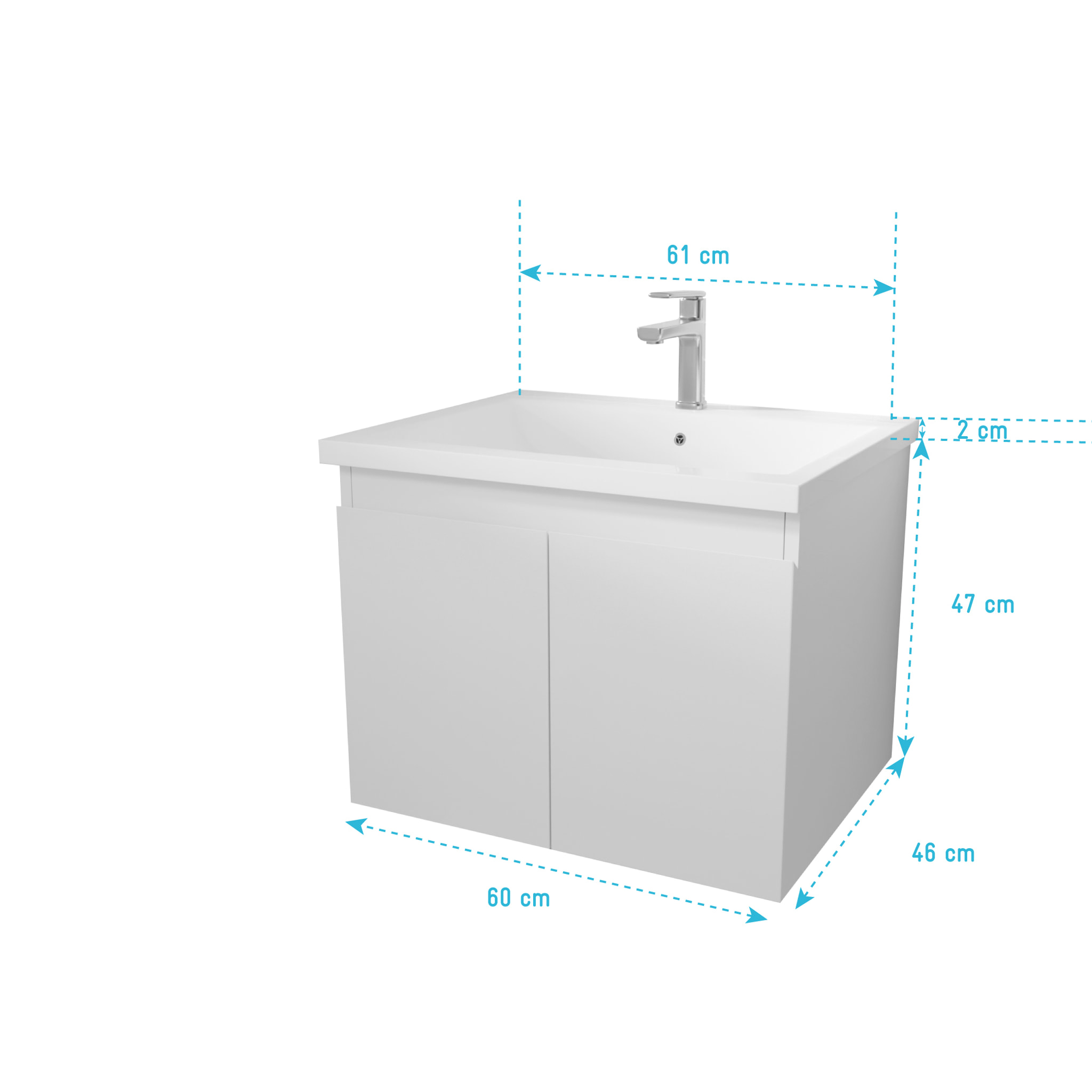 Meuble de salle de bains 60cm a Suspendre Blanc - 2 Portes - Vasque Blanche - ELEMENTARY