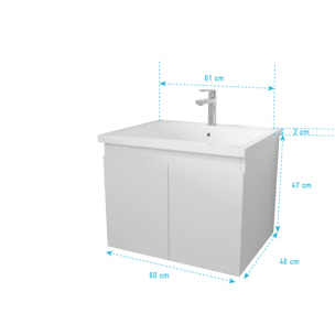 Meuble de salle de bains 60cm a Suspendre Blanc - 2 Portes - Vasque Blanche - ELEMENTARY